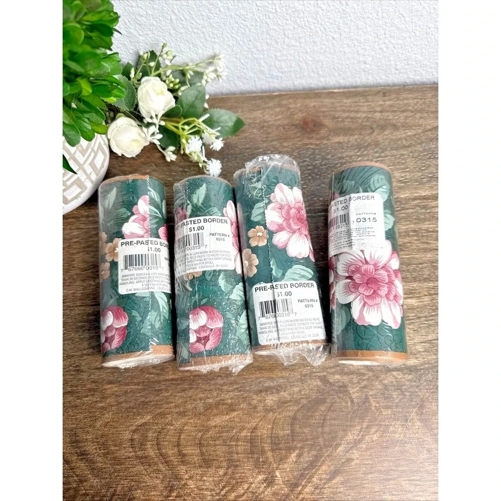 Vintage Rose Wallpaper Border Cottagecore Floral Mauve Green Pre-Pasted NOS